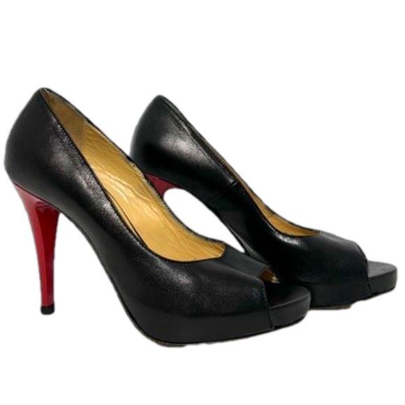 GAIA D’ESTE Made in Italy Peep Toe Platform Heels Black with Red Heel - Picture 1 of 7